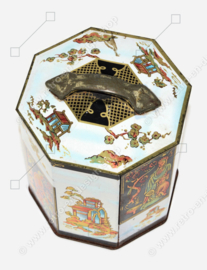 Vintage Peek, Frean & Co. Ltd biscuit tin in the shape of a tea box decorated in an oriental style, circa 1950