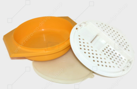 Bol à trancher Tupperware vintage en jaune avec râpe blanche et couvercle transparent