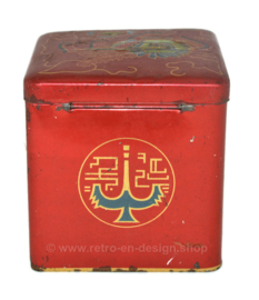 Vintage tin cube for tea by Van Nelle with an image of an Oriental lion