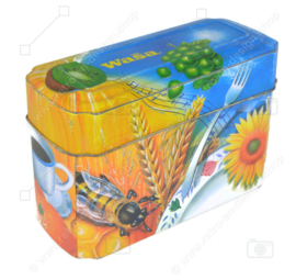 Caja de lata naranja con azul para Crackers de Wasa con imagen de gallo, abeja, girasol, cereal y fruta