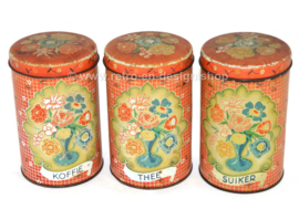 Brocante Satz von 3 Blechdosen mit Vasen mit Blumen. Für Kaffee, Zucker und Tee (niederländisch)