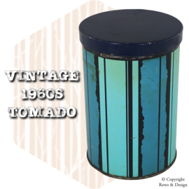 Vintage Tomado Blechdose mit blauen Tönen und schwarzen Streifen