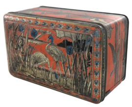 Grande boîte étain rectangulaire vintage de Van Melle décorée de flamants roses et de grues