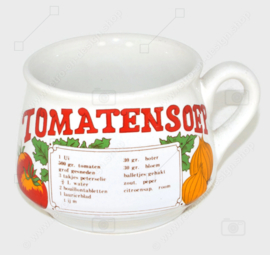 Vintage jaren 70 aardewerk soepkommen met oor voor tomaten-, groente-, uien-, kippe-, champignon- en erwtensoep. Set van zes