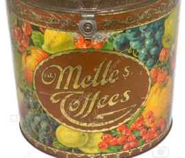Coloured semi-cylindrical vintage tin for Van Melle Toffees with valve lid and image of various kinds of fruit