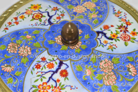 Vintage Albert Heijn round blue and white cookie tin with flower decorations.