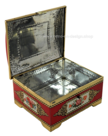 Red vintage tin candy box with rose decoration