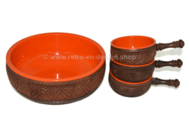 Vintage snack bowls made by Emsa in plastic orange and a wooden look with large bowl and three smaller bowls with handle