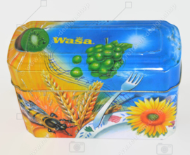 Orange und blaue Blechdose für Wasa Cracker mit Bildern von eine Hahn, Biene, Sonnenblume, Getreide und Obst