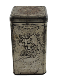 Silver-colored sugar tin made by De Gruyter with various images