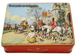 Vintage Blechdose mit Pferden, Hunden und Menschen auf einer Postkutsche