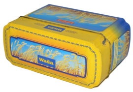 Yellow with blue tin box for Wasa Crackers with images of ripe grain