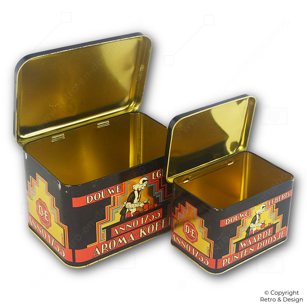 Lata de café Aroma y caja de puntos Douwe Egberts vintage – Diseño Art Déco (1989)