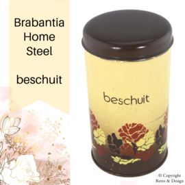 "Nostalgischer Glanz: Vintage-Brabantia-Beschuitdose mit Batikblumen-Dekor!"