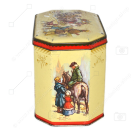 Vintage tin depicting a carriage and coachman with four horses and passengers