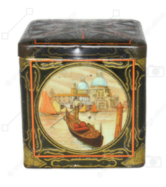 Square vintage cocoa tin in cube shape with images of Venice for C.J. VAN HOUTEN