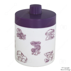"Vintage Opaline Mocha storage jar, purple with images of mushrooms