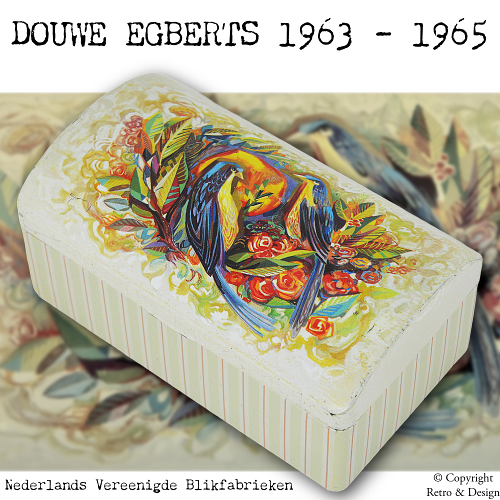 Antique Douwe Egberts Biscuit Tin from the 1960s with Colorful Birds and Flowers Design