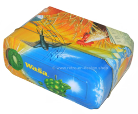 Orange and blue tin box for Wasa Crackers with images of a rooster, bee, sunflower, grain and fruit