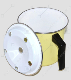 Brocante enamel yellow milk boiler or cooker with black bakelite handle and knob