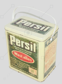 Rechteckige Retro-Vintage Dose von Persil für selbsttätiges Waschmittel, mit der Aufschrift: Wäscht alles!