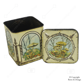 Vintage cubic tin with autumn-themed mushrooms