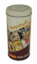 Cylindrical vintage Verkade rusk or biscuit tin with front pages of the Libelle magazine, anniversary edition