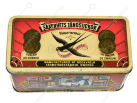 Vintage blik voor lucifers van het merk Zwaluw "Säkerhets Tändstickor" sinds 1895