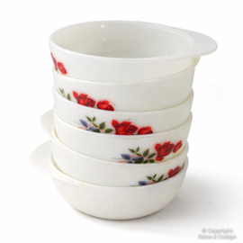 Vintage JAJ Milk Glass Dessert Bowls – Set of 6 – Red Rose Design – 1960s/70s