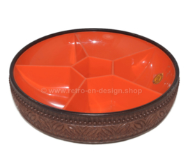 Vintage Emsa red plastic six-compartment snack bowl with wood look from the 70s