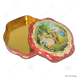 Scalloped tin with romantic scene, container made in Great Britain