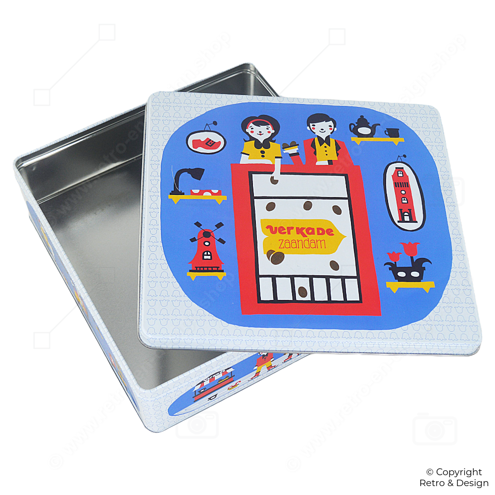 Boîte à biscuits vintage Verkade – Design hollandais classique en rouge, jaune et bleu