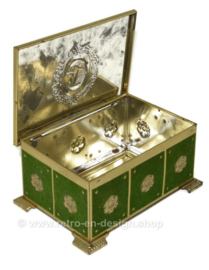 Vintage gold-coloured box covered with green felt, depicting Cleopatra