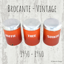 Brocante set oranje/bruine emaille vooraadbbussen voor Koffie, Suiker en Thee