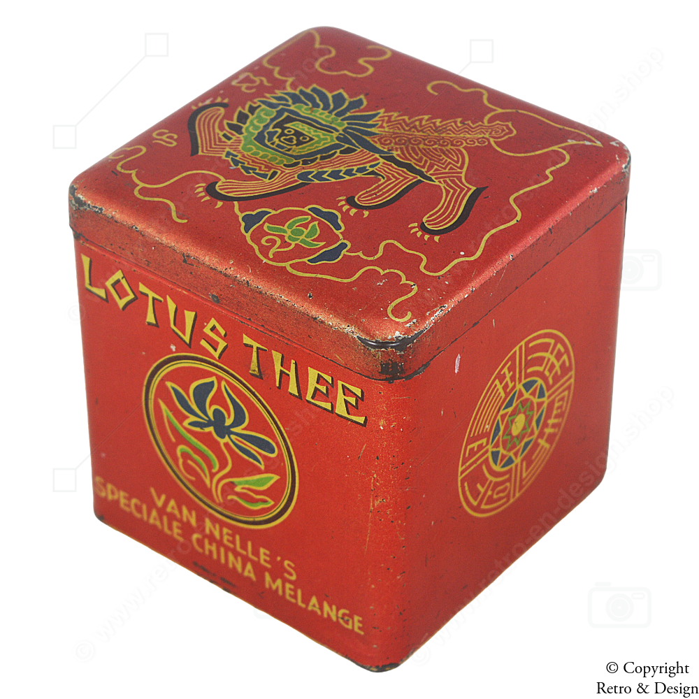 Vintage Van Nelle Teedose – Lotus-Tee-Würfel mit orientalischem Löwendesign (1950–1980)