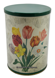 Gran tambor de estaño redondo vintage con flores de primavera como tulipanes y narcisos