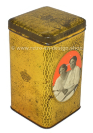 Vintage gold colored rectangular tea tin with Juliana and Wilhelmina of the Netherlands.