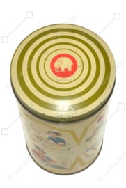 Vintage round cylindrical Hille rusk tin with drawings of the work of a rusk baker