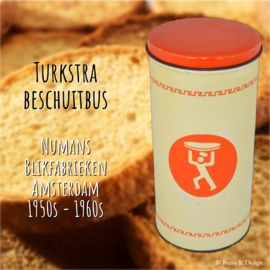 Brocante Turkstra rusk tin with double decorative rim and baker's figure with rusk above his head