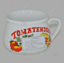 Vintage jaren 70 aardewerk soepkommen met oor voor tomaten-, kippen- en uiensoep. Set van zes