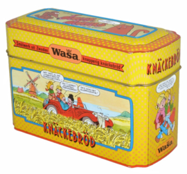 Vintage bewaarblik voor WASA knäckebröd met Jan, Jans en de kinderen van Jan Kruis