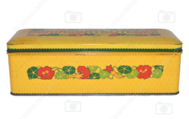 Boîte rectangulaire avec couvercle à charnière produite par Verkade pour "Honingontbijtkoek", jaune foncé et multicolore