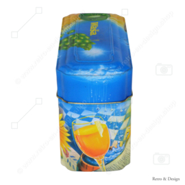Orange with blue tin box for Wasa Knäckebröd with an image of rooster, bee, sunflower, grain and fruit