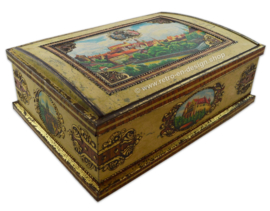 Large vintage tin with medieval cityscape and coat of arms