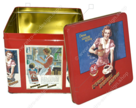 Large red square retro Douwe Egberts Coffee tin with nostalgic D.E. advertisements