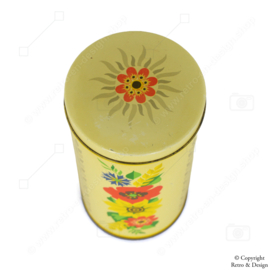 "Cylindrical Yellow Vintage Beschuit Tin by Verkade with Colored Flowers: A Historical Journey (1950-1980)"