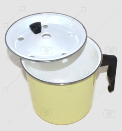 Brocante enamel yellow milk boiler or cooker with black bakelite handle and knob