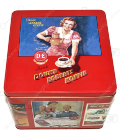 Large red square retro Douwe Egberts Coffee tin with nostalgic D.E. advertisements