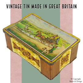"Enchanting Vintage Tin: An English Carriage Ride on an Elegant Scalloped Drum from 1920-1970"