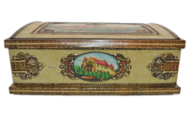 Large vintage tin with medieval cityscape and coat of arms